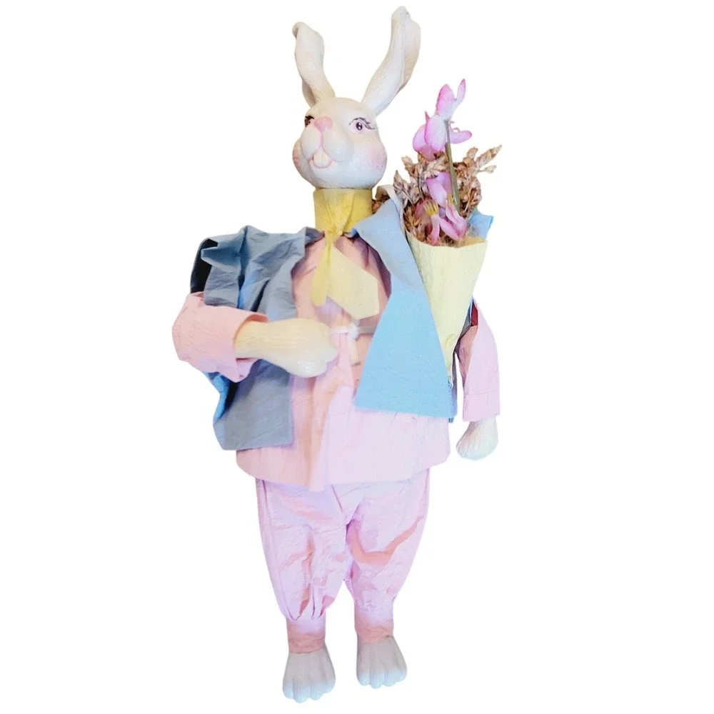 3 Silvestri Paper Mache Bunny Figurines Basket Spring Holiday Decorations Easter